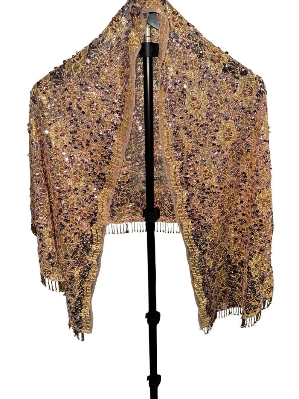 Best Quality Gold Mesh Lace Shawl Wrap with Sequin Beaded with Purple Accents - Picture 8 of 10